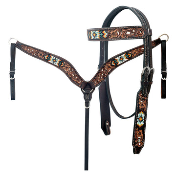 HILASON Western Leather Horse Headstall & Breast Collar Floral Beeded Brown